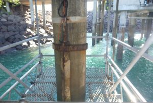 Work platform around concrete piles to complete crack and spalling repairs.